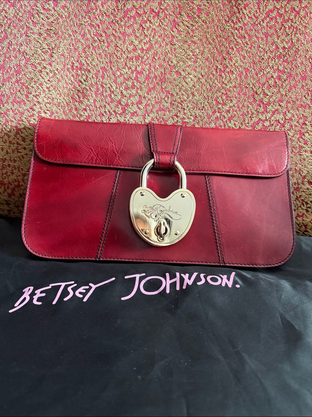 Betsey Johnson Deep Red Leather Clutch with Heart Padlock Accent